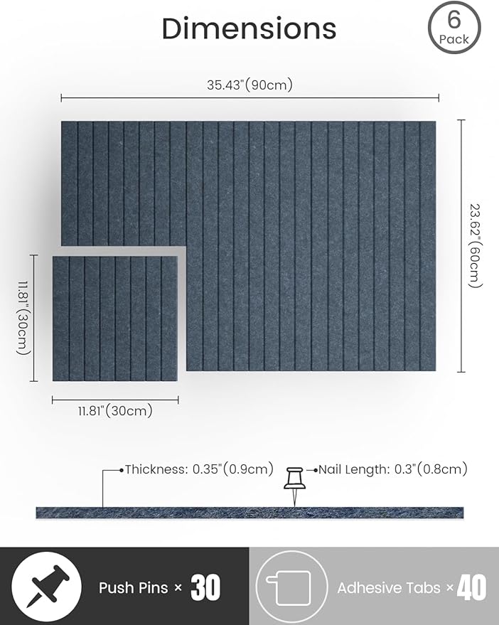 Bumusty Large Cork Board Alternative-36 x24 Felt Bulletin Board Tiles, with 30 Pushpins, 40 Adhesive Tabs, 6-Pack Slat Wall Paneling, Cork Boards for Office Push Pin Board Felt Board-Denim Blue