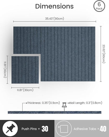 Bumusty Large Cork Board Alternative-36 x24 Felt Bulletin Board Tiles, with 30 Pushpins, 40 Adhesive Tabs, 6-Pack Slat Wall Paneling, Cork Boards for Office Push Pin Board Felt Board-Denim Blue