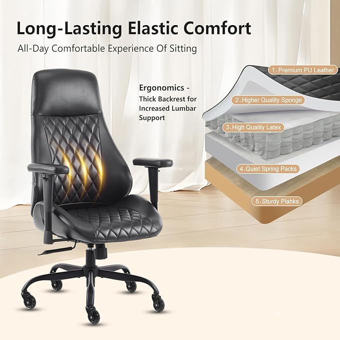 YFO Home Office Chair High Back Office Rubber Chair Casters Ergonomic Computer Chair with Lumbar Support Adjustable Height Rolling Swivel Chair Executive Task Armrests, Black PU