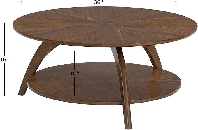 Martin Svensson Home LAX Retro Mid-Century Modern Round Wood Coffee Table with Lower Shelf, Cocktail Table for Living Room or Den. Walnut Brown.