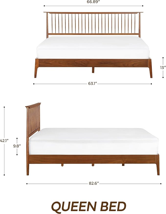 NTC Ruby Wooden Bed Frame with Headboard, Crafted from Walnut, Rubber Wood with Silent Slats and Wood Central Supports, 1000 Lb Capacity, Effortless Assembly, Queen - Dark Walnut