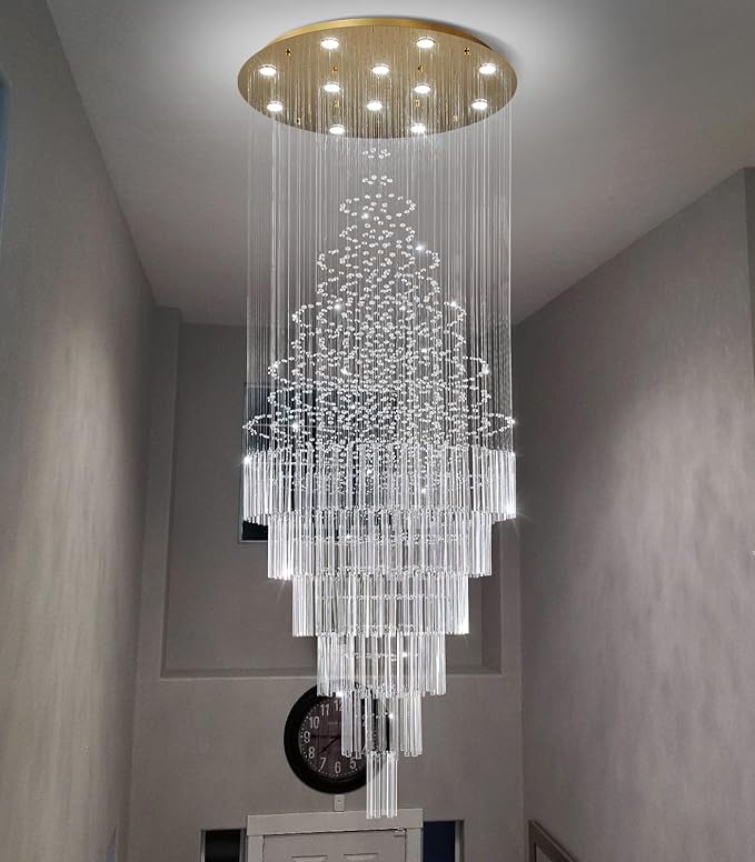 W32 x H100 Glam Chandelier with LED Bulbs Crystal Raindrop High Ceiling Pendant Light for Entrance Large Villa Chandelier Foyer Lighting Fixtures Gold