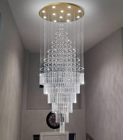 W32 x H100 Glam Chandelier with LED Bulbs Crystal Raindrop High Ceiling Pendant Light for Entrance Large Villa Chandelier Foyer Lighting Fixtures Gold