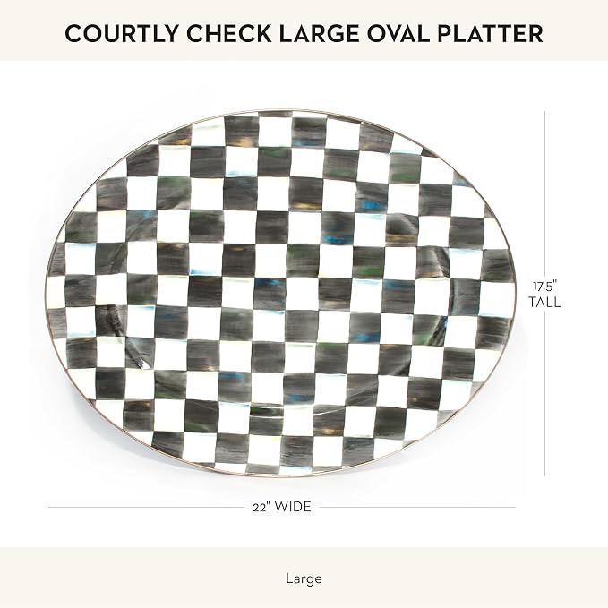 MACKENZIE-CHILDS Enamel Oval Platter, Serving Plate for Entertaining, Large, Black-and-White Courtly Check