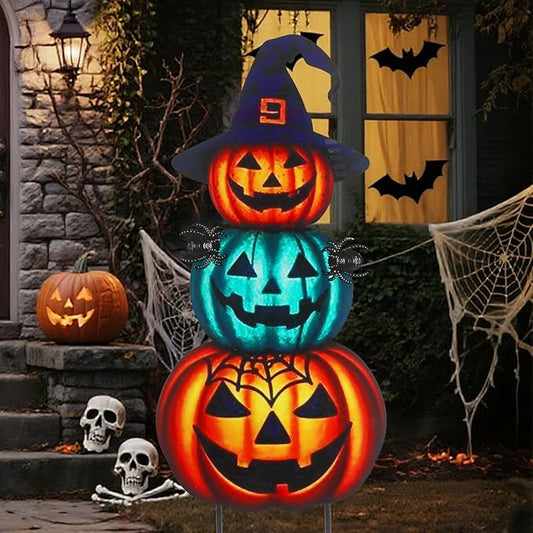 Halloween Yard Stakes Large 39.3" with Stackable Pumpkins and Scary Spiders, Metal Halloween Yard Decorations for Garden, Lawn, Patio, Outdoor Decor with Witch Hat