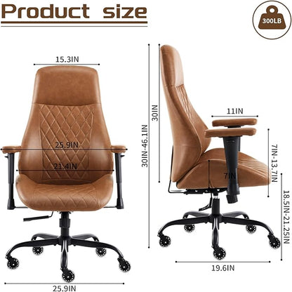 YFO Home Office Chair High Back Office Rubber Casters Ergonomic Computer Chair with Lumbar Support Adjustable Height Rolling Swivel Chair Executive Task Armrests， Brown Leather