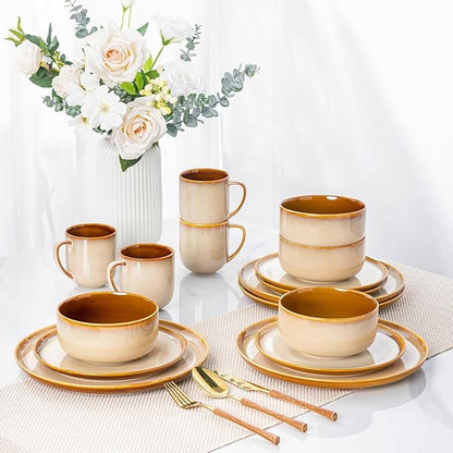 LERATIO Ceramic Dinnerware Sets for 12, 36 Pieces Plates and Bowls Sets, Reactive Glaze Dishes -Scratch Resistant, Dishwasher&Microwave Safe&Oven Safe-Kahki