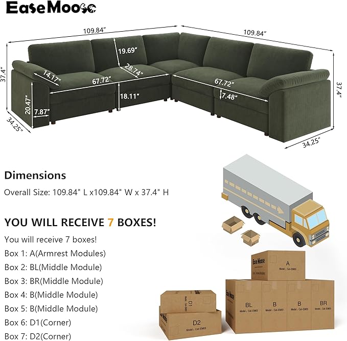 EASE MOOSE Oversized Modular Sectional Sofa, Extra Large L Shape Sectional Cloud Couch,Comfty Deep Seat Wide Modular Sofa for Living Room Removable Cover