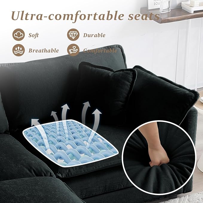 SoarFlash Chenille Sectional Sofa, Comfy L Shaped Modular Coush Sofa with Ottoman, Modern 2 Seat Couch Deep Seat Sofa Set for Living Room,Black