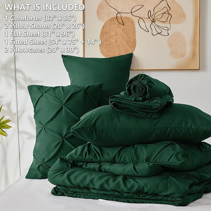 CozyLux Full Size Comforter Sets Emerald Green, 7 Pieces Bed in A Bag Green Comforter Full Size, Pinch Pleat Bedding Sets with All Season Comforter, Sheets, Pillowcases & Shams