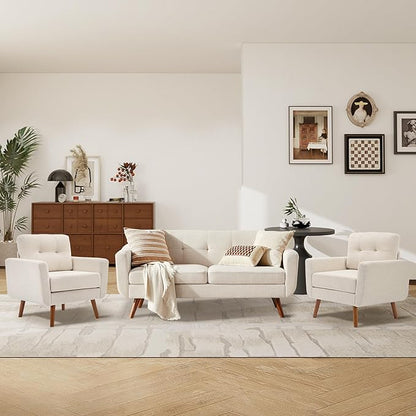 Tbfit Linen Fabric Accent Chair, Mid Century Modern Armchair for Living Room, Bedroom Button Tufted Upholstered Comfy Reading Accent Chairs Sofa(Beige)