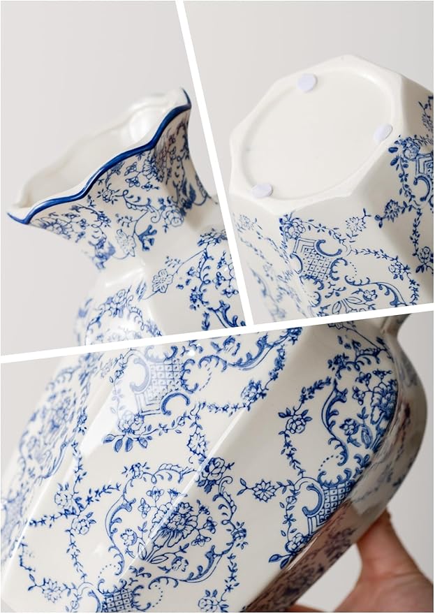 Blue and White Vase, Vintage Blue Ceramic Flower Vessel,Ceramic vases for Home Decor,Vintage Green and Beige for Console Table Mantle Chinoiserie Decor (Blue and White-01, Large)
