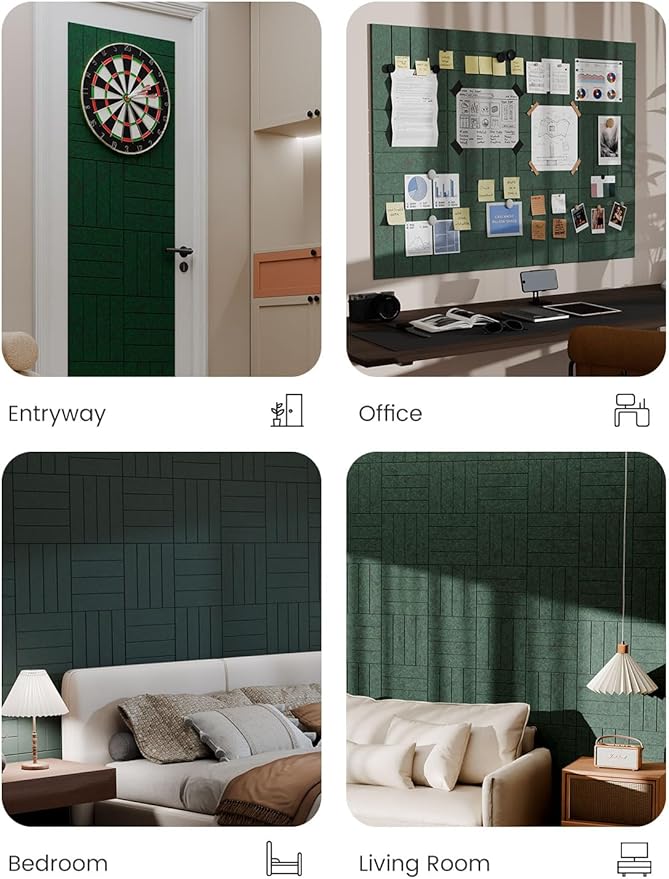 Bumusty Large Cork Board Alternative-47 x35 Felt Bulletin Board Tiles, with 30 Pushpins, 70 Adhesive Tabs, 12-Pack Slat Wall Paneling, Cork Boards for Office Push Pin Board Felt Board-Aurora Green