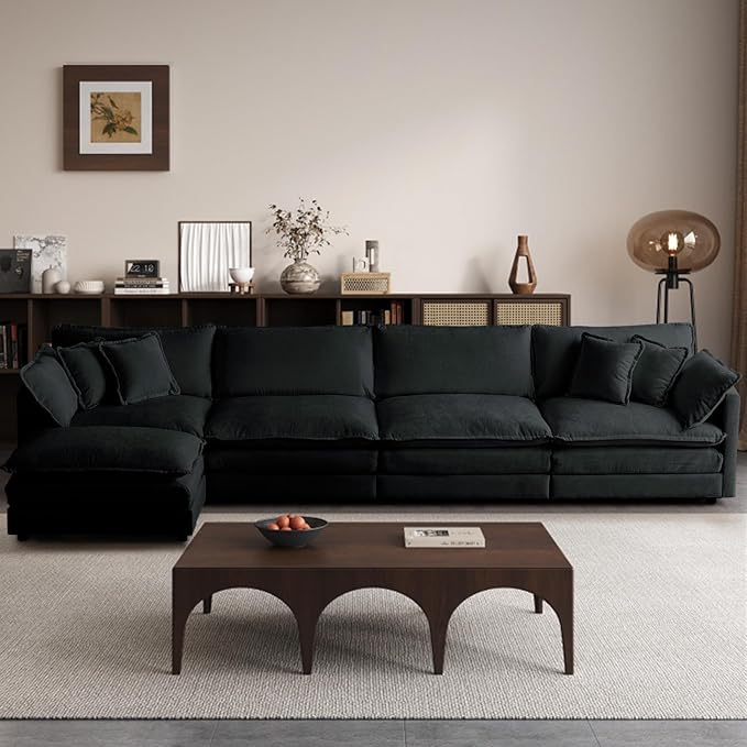 SoarFlash Chenille Sectional Sofa, Comfy L Shaped Modular Coush Sofa with Ottoman, Modern 4 Seat Couch Deep Seat Sofa Set for Living Room,Black