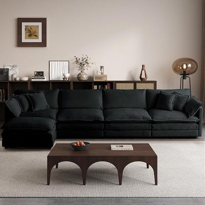 SoarFlash Chenille Sectional Sofa, Comfy L Shaped Modular Coush Sofa with Ottoman, Modern 4 Seat Couch Deep Seat Sofa Set for Living Room,Black