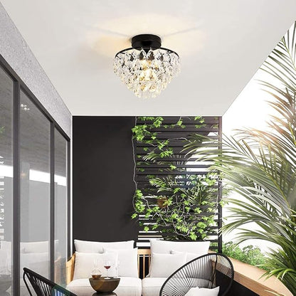 YYJLX Modern Small Crystal Ceiling Light Fixture Mini Black Semi Flush Mount Chandelier Light Fixture for Hallway Bedroom Bathroom Closet e26
