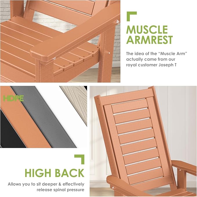 GREENVINES Outdoor Rocking Chairs | Set of 4 | Porch Rocker | HDPE Plastic | Teak | Oversized Rockers | High Back | Big & Tall | Ladder Back | for Patio Outside Backyard Balcony Garden