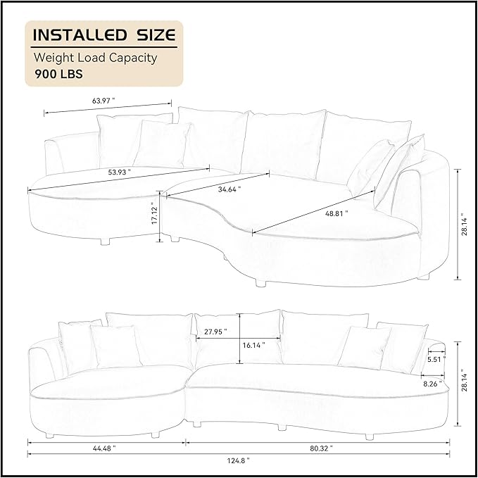 WILLIAMSPACE 124.8" Leather Curved Sofa Couch, Modern Upholstery Luxury Sofa with Pillows, Left Hand Facing Sectional Couch for Living Room (Left-Facing,Light Grey Leather)