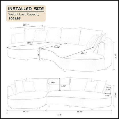WILLIAMSPACE 124.8" Leather Curved Sofa Couch, Modern Upholstery Luxury Sofa with Pillows, Left Hand Facing Sectional Couch for Living Room (Left-Facing,Light Grey Leather)