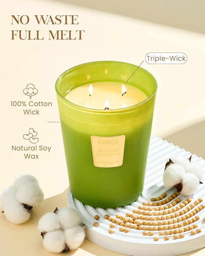 M&SENSE Rosemary Eucalyptus Scented Candle 35oz 150H Burn Time Long Lasting, 3-Wick Natural Aromatherapy Fall Winter Candle Highly Scented, Home Fragrance Housewarming Festival Gifts