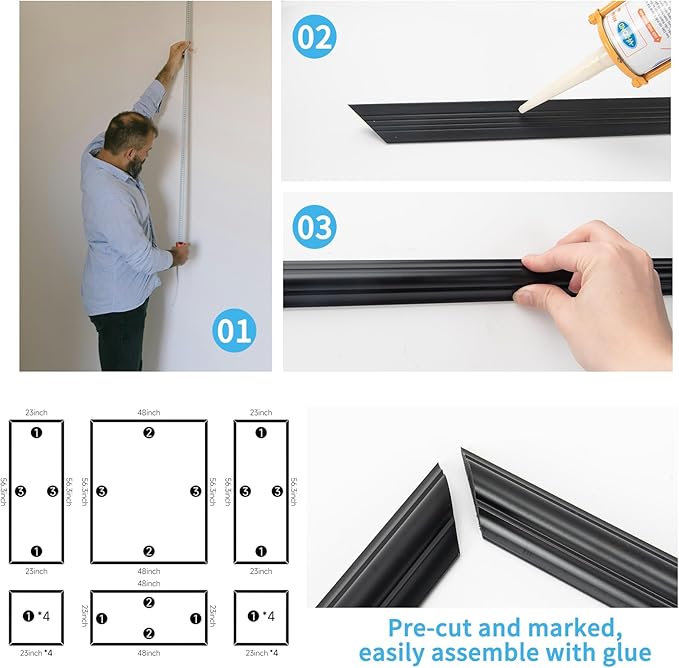 Art3d Pre-Cut Wall Molding Set of 6 pcs, Ready-to-Assemble Wainscoting Panels for Interior Wall Décor Living Room Bedroom Accent Wall - Installed with Glue, 3 Top 3 Bottom, Black