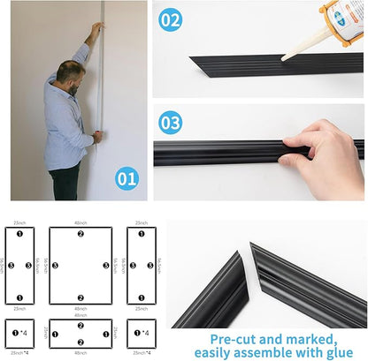 Art3d Pre-Cut Wall Molding Set of 6 pcs, Ready-to-Assemble Wainscoting Panels for Interior Wall Décor Living Room Bedroom Accent Wall - Installed with Glue, 3 Top 3 Bottom, Black