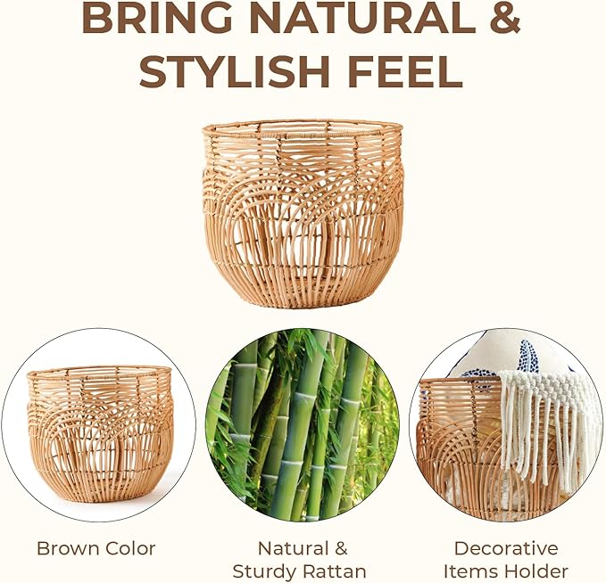 Set Of 2 Large Woven Blanket Baskets | Round Wicker Rattan Storage Floor Baskets for Shoe In Living Room | Extra Big Boho Rattan Laundry For Pillow, Blanket, Clothes