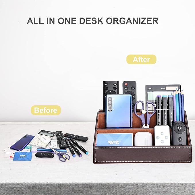 KINGFOM T31-6PCS/SET Desktop Organizer Supplies Set PU Leather Remote Control Collection Holder, Pencil Holder Box, Business Card Holder, Mouse Pad, Sticky Notes Paper and Dispenser
