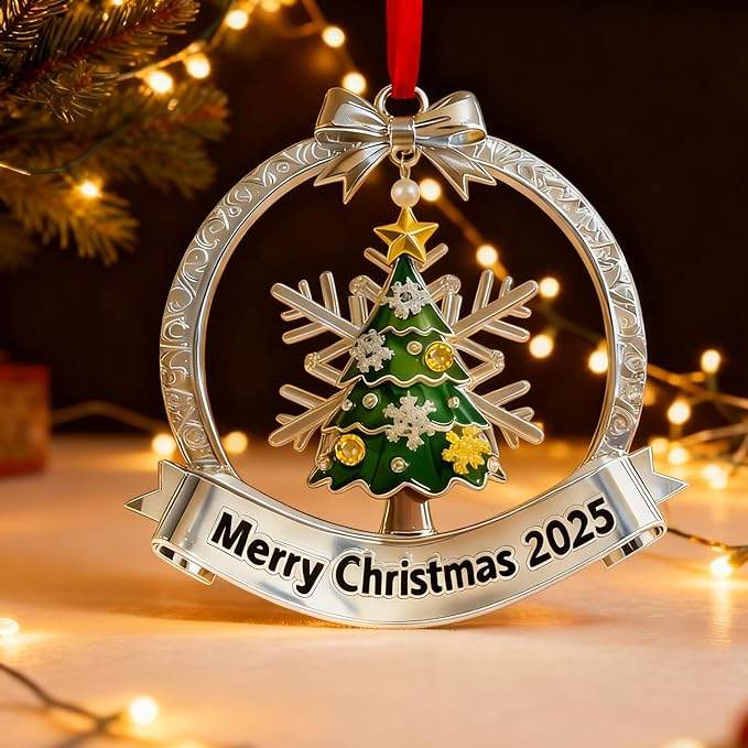 Christmas Ornament 2025 for Christmas Tree Decorations Xmas Wreath Ornament with Hanging Snowflake Dated 2025 Metal Xmas Ornament for Holiday Decorative Keepsake Gifts