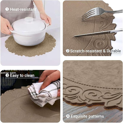 Noctiflorous Round Faux Leather 15 Inch Placemats Set of 4 Waterproof Wipeable Heat Resistant Tablemat for Dining Table Kitchen Non Slip Oilproof Table Place Mat for Indoor Outdoor(A Brown, 4)
