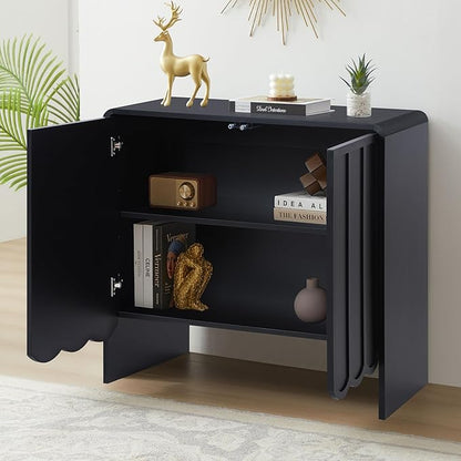 ORRD Sideboard Buffet Cabinet, Accent Storage Cabinet with 2 Doors, Farmhouse Wood Cabinets with Adjustable Shelves and Wave Panel for Living Room, Dining Room, Entry - Black