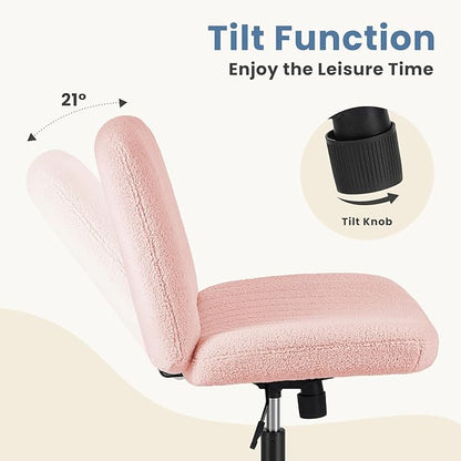 DUMOS Criss Cross Chair with Wheels, Wide Cross Legged Desk Vanity Chairs, Armless Adjustable Swivel Chairs for Home Computer Task, Teddy Pink
