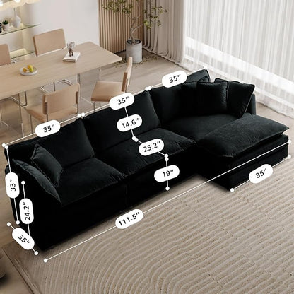 SoarFlash Chenille Sectional Sofa, Comfy L Shaped Modular Coush Sofa with Ottoman, Modern 3 Seat Couch Deep Seat Sofa Set for Living Room,Black