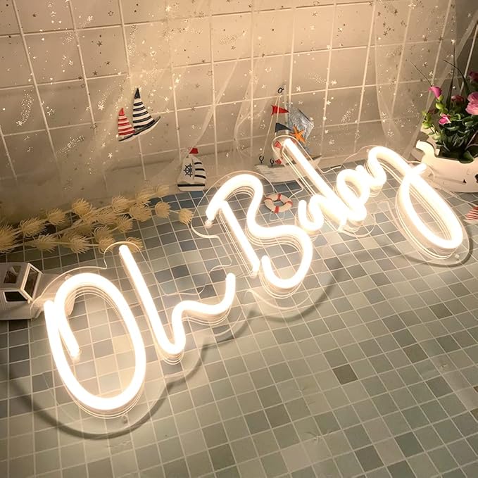 DIVATLA Oh Baby Sign for Backdrop - Oh Baby Neon Sign Shower Decorations, Gender Reveal, Led Sign for Backdrop & Wall Decor, Photo Prop, Gif for New Parents, Warm White