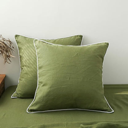 Simple&Opulence 100% Linen Euro Sham Covers with Piping Trim, 26"x26" Pillow Cover Set of 2, Breathable Pillow Shams for Bed Couch Decorative Cushions, Olive Green