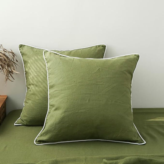 Simple&Opulence 100% Linen Euro Sham Covers with Piping Trim, 26"x26" Pillow Cover Set of 2, Breathable Pillow Shams for Bed Couch Decorative Cushions, Olive Green