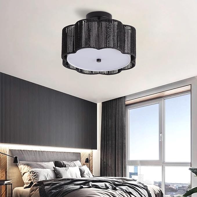 Rattan Ceiling Light Fixtures Flush Mount,3-Light Boho Light Fixtures Ceiling Mount for Bedroom,Close to Ceiling Light Modern Rattan Chandelier Lighting for Hallway Kitchen Dining Room(Black)