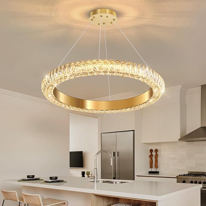 24" Ring Modern LED Dimmable Crystal Chandelier Adjustable Height Pendant Light Round Crystal Chandelier Light Fixtures for Dining Room Living Room Kitchen Island Gold