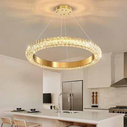 24" Ring Modern LED Dimmable Crystal Chandelier Adjustable Height Pendant Light Round Crystal Chandelier Light Fixtures for Dining Room Living Room Kitchen Island Gold