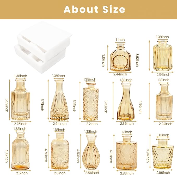 Gold Amber Glass Bud Vases Set of 12, Small Vases for Flowers, Champagne Mini Vintage Vases for Centerpieces,Bud Vase in Bulk for Wedding Decor,Single Flowers,Office and Home Table Flower Décor