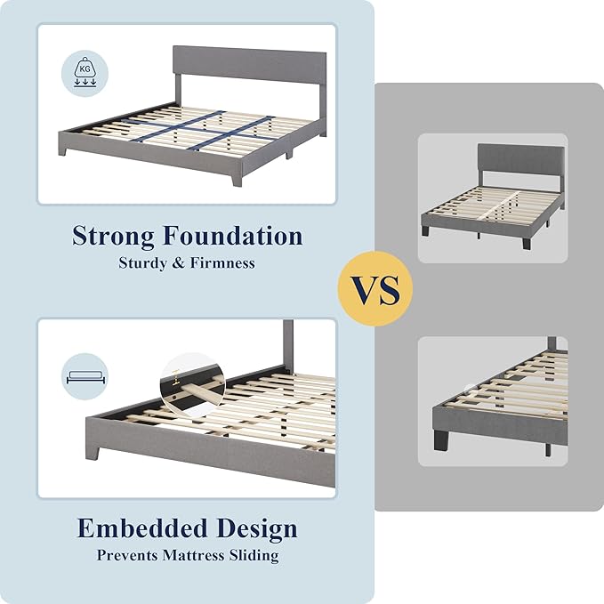 Allewie King Size Platform Bed Frame with Adjustable Upholstered Headboard, Strong Wood Slats, Heavy Duty Mattress Foundation, No Box Spring Needed, Noise-Free, Easy Assembly, Light Grey