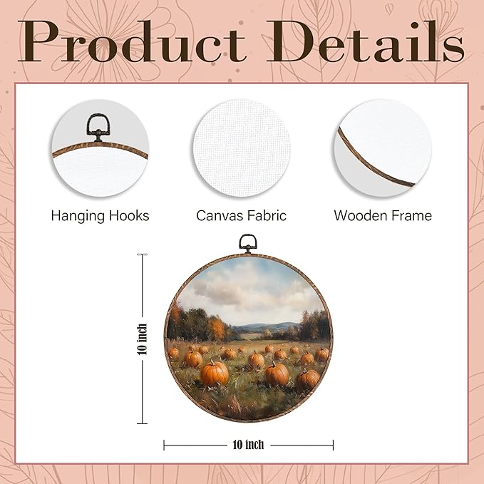 Hxlac Vintage Pumpkin Field Pumpkin Round Wall Art Framed, Vintage Autumn Pumpkin Round Wall Decor, Cottage Fall Halloween Hanging Canvas Prints Wall Sculptures for Home Room Decor, 10x10 Inch