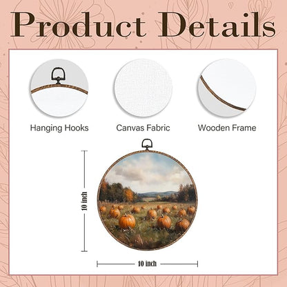 Hxlac Vintage Pumpkin Field Pumpkin Round Wall Art Framed, Vintage Autumn Pumpkin Round Wall Decor, Cottage Fall Halloween Hanging Canvas Prints Wall Sculptures for Home Room Decor, 10x10 Inch