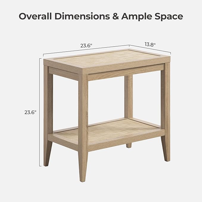 SICOTAS Rattan Nightstands Set of 2 Boho Bedside Tables Narrow End Table Side Table, Light Oak