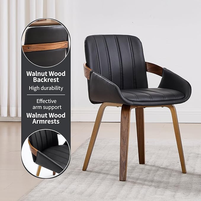 Dining Chairs Set of 2, Mid Century Modern Dining Room Chairs with Arms and Mid Back PU Leather Upholstered Bentwood Kitchen Chairs for Home Restaurant Office - Black