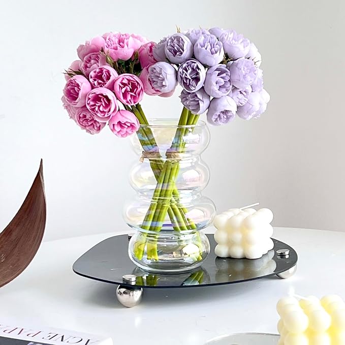 BLOFLO Transparent Glass Hydroponic Flower Vase, 7-Inch Iridescent Clear Glass Vase, Four-Layer Geometric Glass Floral Vase for Home Décor, Modern Bubble Glass Vase for Home Office Wedding Table