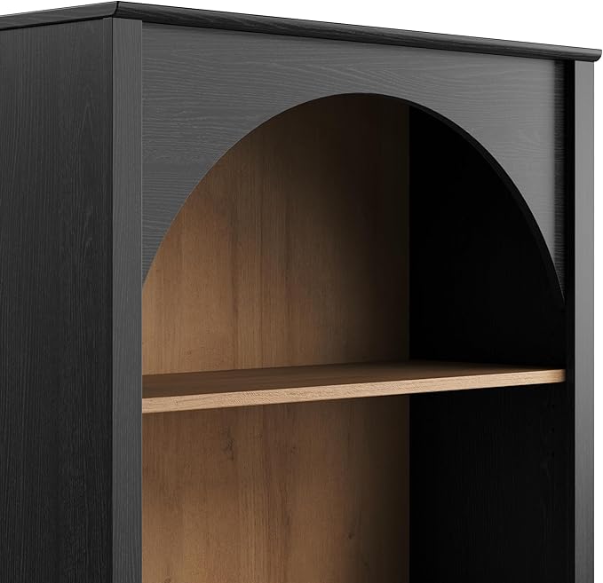 Prepac Ark 78" Tall 5-Tier Arched Bookcase, Black Oak with Oak Finish Interior, Modern Storage Accent Bookshelf with 3 Adjustable Shelves for Home, Office, Living Room, Bedroom