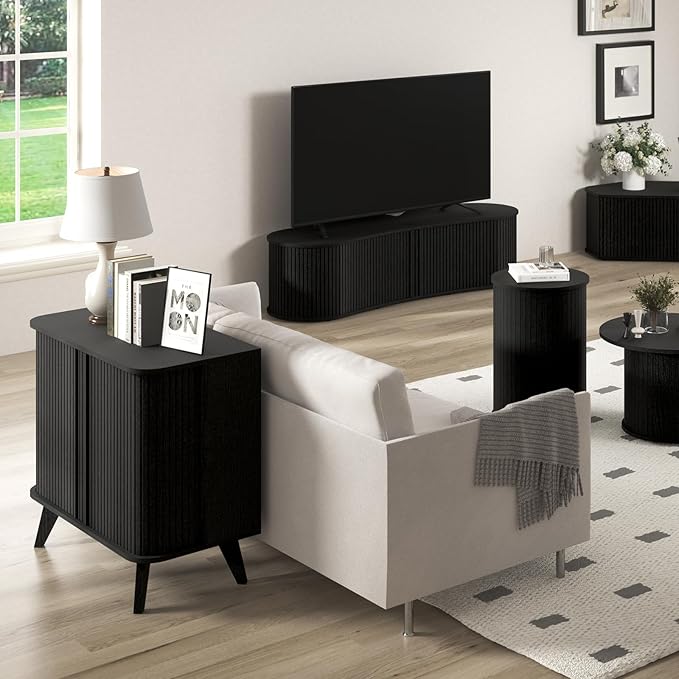 Fluted Sideboard Buffet Cabinet with Storage, 27” Curvy Edge Accent Storage Cabinet with Sliding Doors & Shelves, Modern Sideboard Credenza Console for Kitchen, Living Room, Entryway, Black