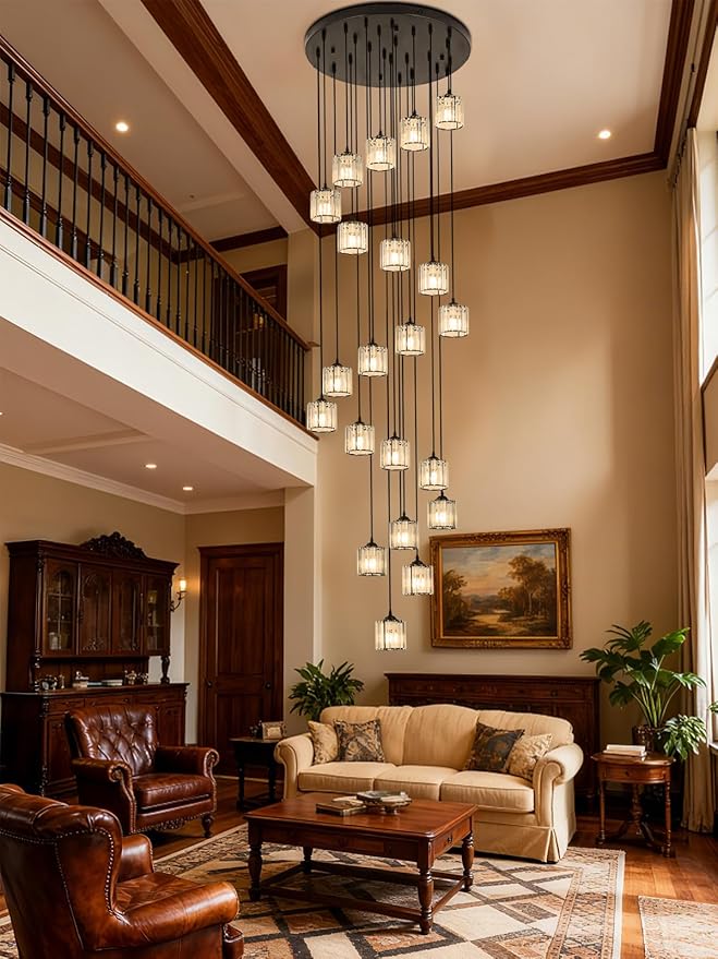 Long Chandeliers for High Ceilings,Modern Crystal Pendant Light,Raindrop Drop Lamp,Hanging Lighting Fixtures for Spiral Staircase,Foyer,Entryway,Living Room,Black (21 Lights)