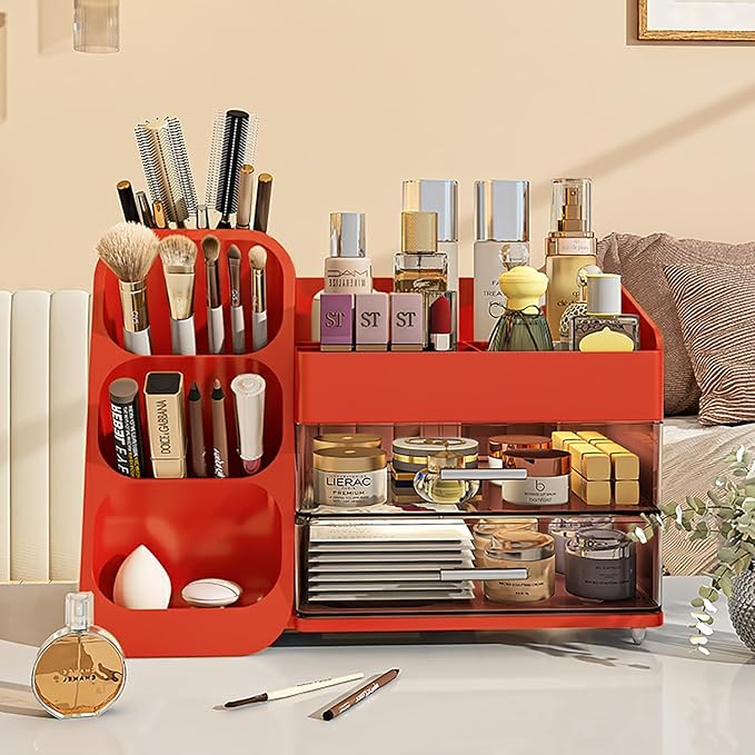 Makeup Organizer with Drawers for Vanity,Spacious Cosmetic Display Case,Perfect Storage Solution for Your Beauty Essential (Red)